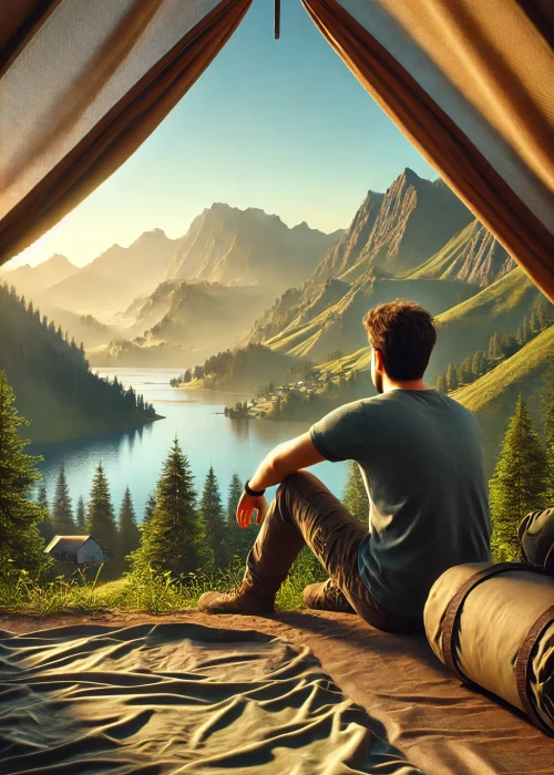 DALL·E 2024-09-11 13.36.34 - A man camping, sitting near a tent, watching a breathtaking view of nature. The scenery features mountains in the distance, a serene lake, and lush gr